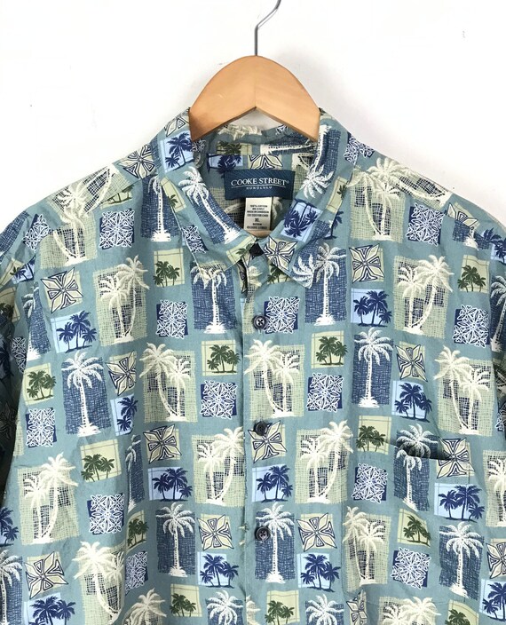 90s Blue & Green Palm Tree Print Hawaiian Shirt M… - image 3