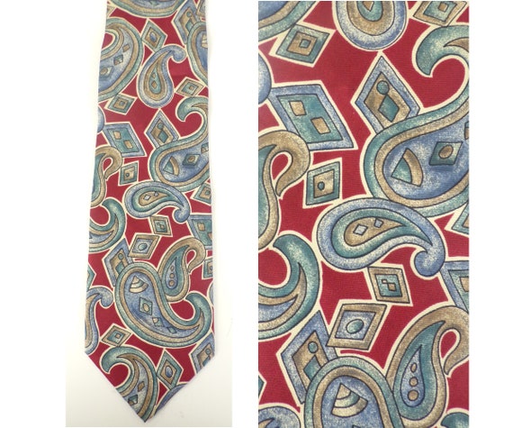 Vintage Mens Paisley Tie, 90s Blue Red Brown Tie,… - image 1