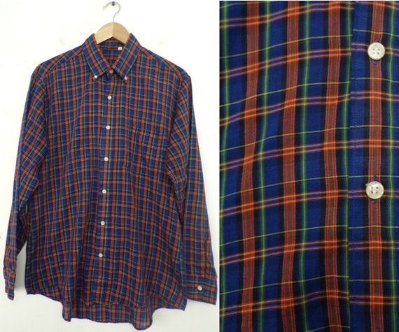 Vintage Mens Plaid Shirt, 1990s Blue Red & Green … - image 1