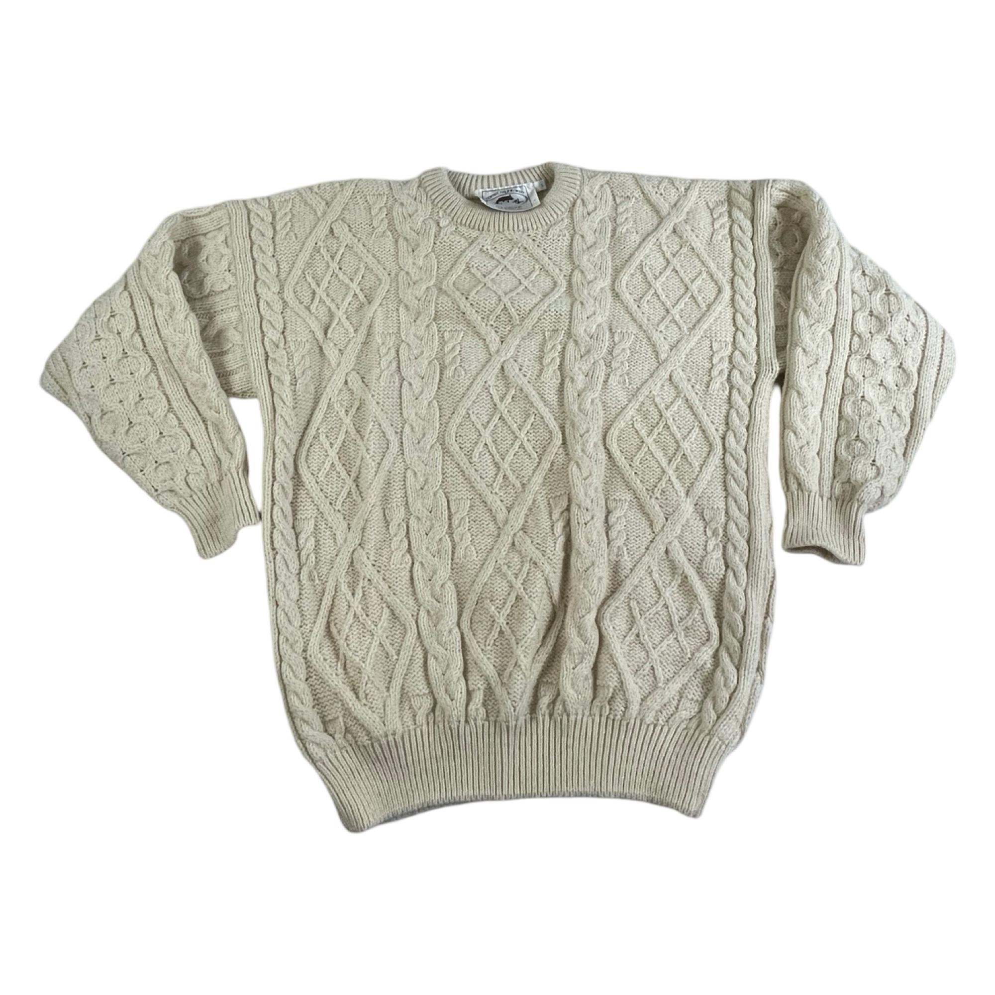Vintage Cream Cable Knit Sweater Mens Large Wool Cable Knit Mens