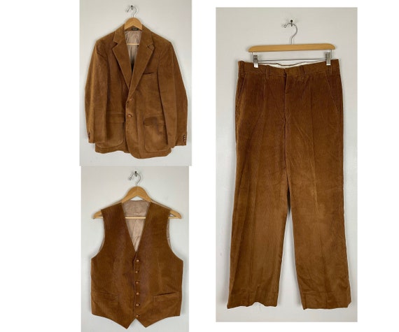 Vintage Brown Corduroy Three Piece Suit Mens Size