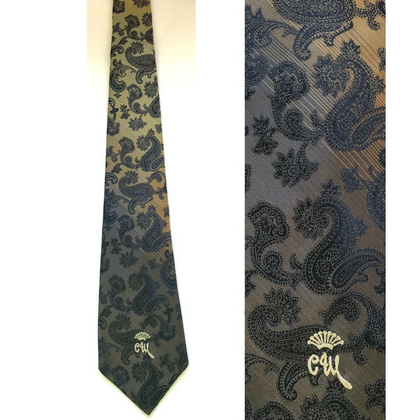 Vintage Countess Mara Black & Gold Paisley Tie, 80s Black Paisley Print Polyester Necktie, Countess Mara Business Formal Tie