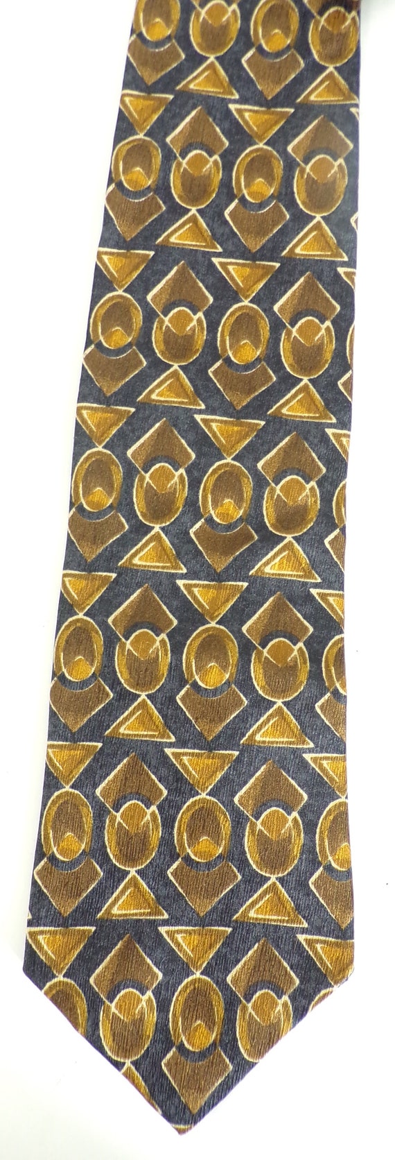 Vintage Mens Geometric Print Tie, 90s Blue & Gold… - image 2