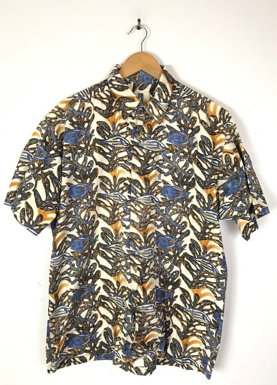Vintage Mens Hawaiian Fish Print Shirt, Yellow & Blue Print Shirt Large/XL, Summer Beach Tropical Shirt, Kahala Fish Print Hawaiian Shrit