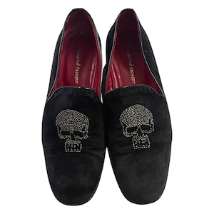 Black Skull-Print Men\'s Slip-On Loafers Vintage Black Skull Head Loafers Mens Size 8, Silver Beaded  main image 4