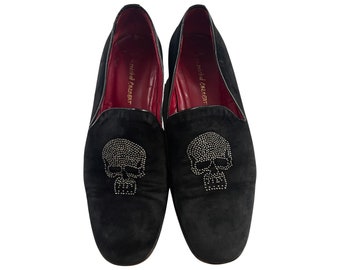 Vintage Black Skull Head Loafers Mens Size 8, Silver Beaded Skull Face Mens Loafers, Black Slip On Fancy Formal Dress Shoes
