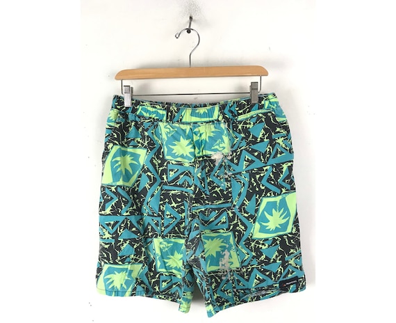 80s Green & Black Abstract Print Shorts Mens Size