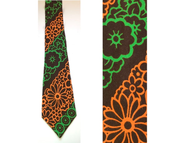 Vintage Handmade Brown Orange & Green Floral Tie,… - image 1