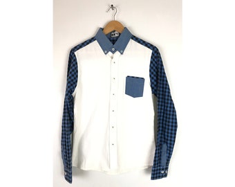 90s White Blue & Black Plaid Contrast Shirt Mens Small, Preppy Contrast Pocket Dress Shirt, Retro Blue Black Plaid Button Down Shirt