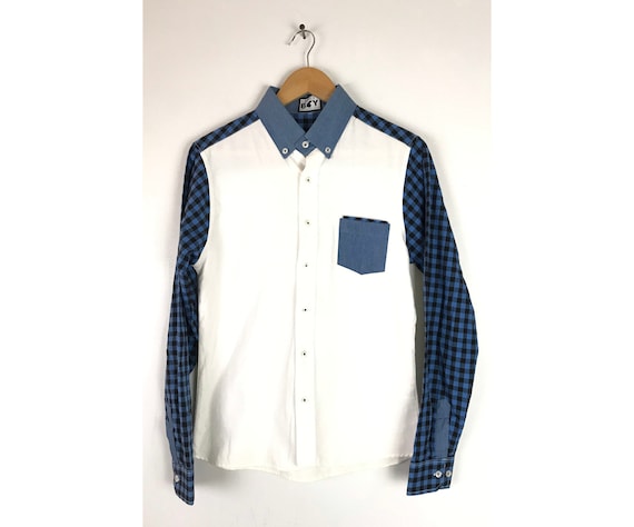 90s White Blue & Black Plaid Contrast Shirt Mens S