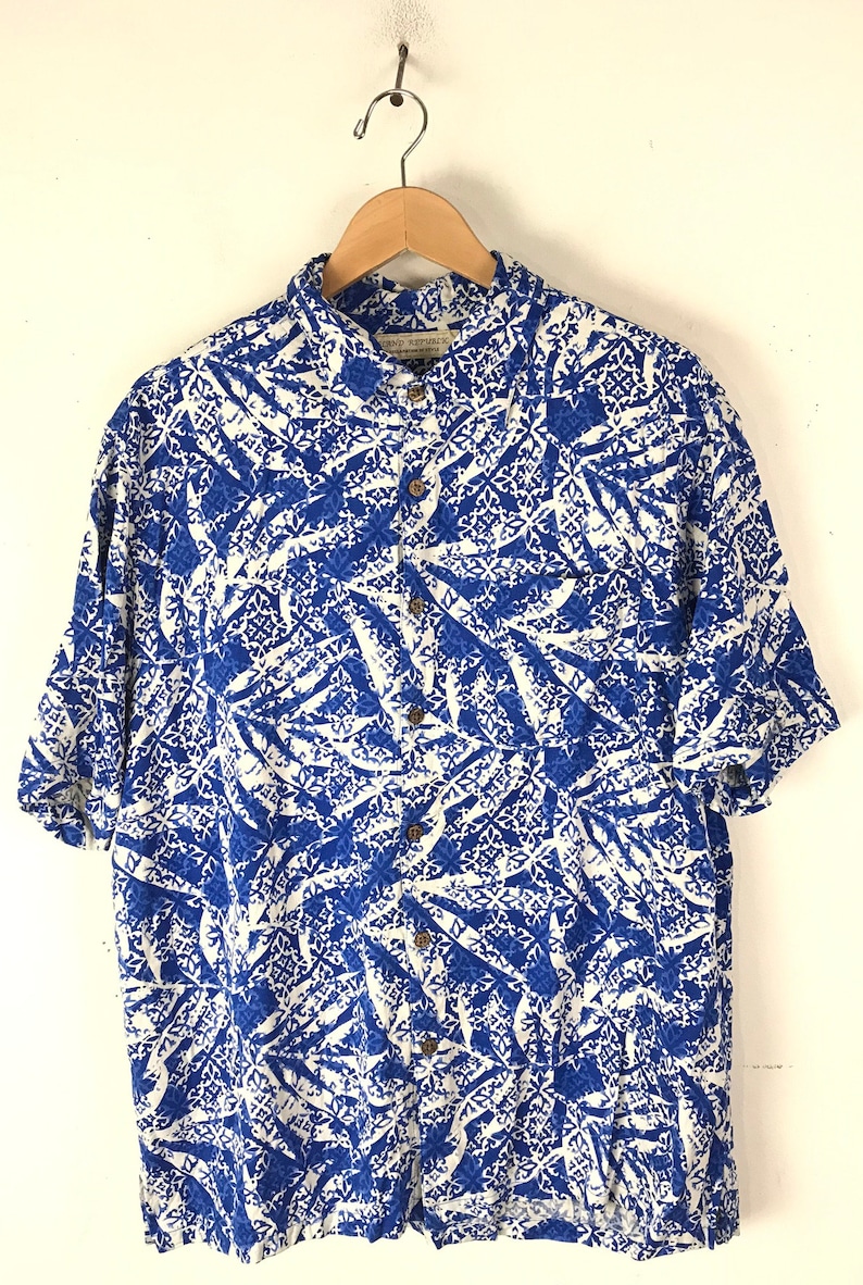 Vintage Mens Silk Hawaiian Shirt , 1990s Blue & White Print Shirt Mens XL, Blue Abstract Shirt, Beach Summer Tropical Shirt, Print Hawaiian image 2