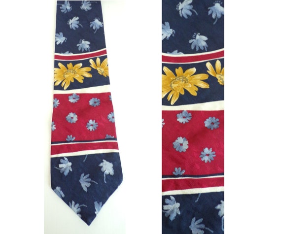 Vintage Mens Floral Tie,  Blue Red & Yellow Tie, … - image 1