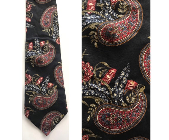 90s Bill Blass Black Red Blue Paisley Print Tie, V
