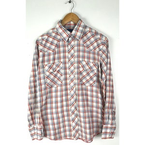 Vintage Herren Westernhemd : Wrangler Rot Blau & Gelb kariertes, buntes Land Western Cowboy Hemd, Größe Medium