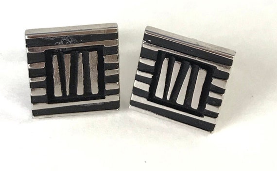 Vintage Silver & Black Striped Square Cuff Links,… - image 1