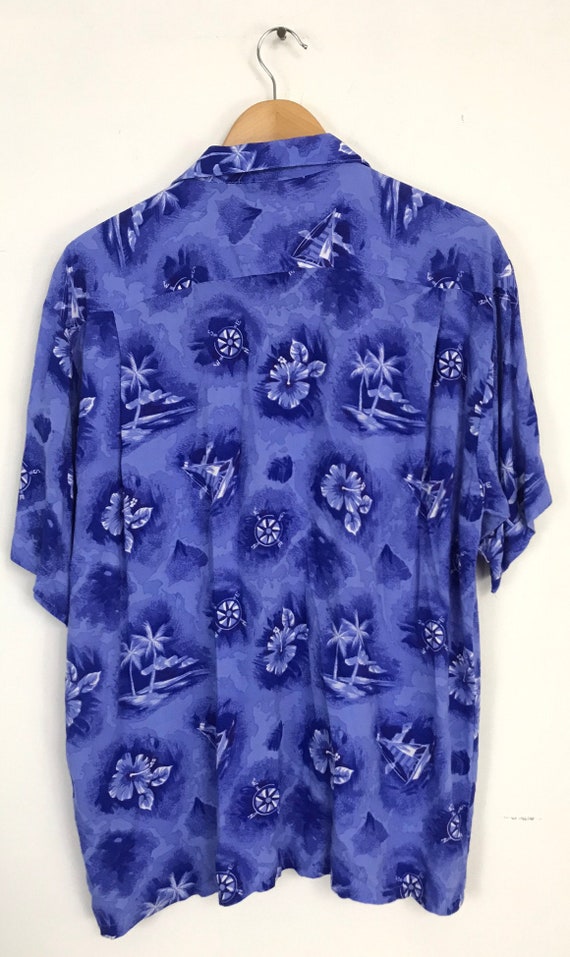 Vintage Mens Nautical Hawaiian Shirt, 90s Blue Wh… - image 5