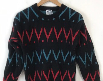 Vintage 80s Mens Print Sweater : Black Red & Green Sweater Size XS/Small, Holiday Christmas Abstract Print Wool Sweater, Green Red