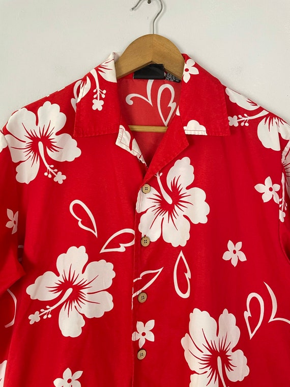 Vintage Red & White Floral Hawaiian Shirt Mens Sm… - image 3