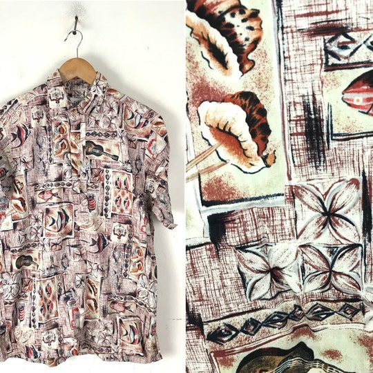 Vintage Fish & Seashell Hawaiian Shirt