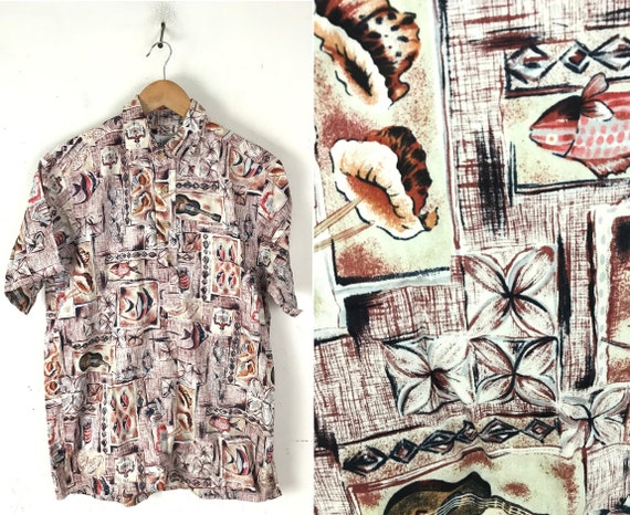 Vintage Fish & Seashell Hawaiian Shirt Mens Medium
