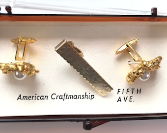 Vintage Gold & White Pearl Cuff Links Tie Clip Set, Fifth Avenue Cufflinks, Gold Cufflinks, Cuff Links Tie Bar Set, Formal Event, Tie Bar