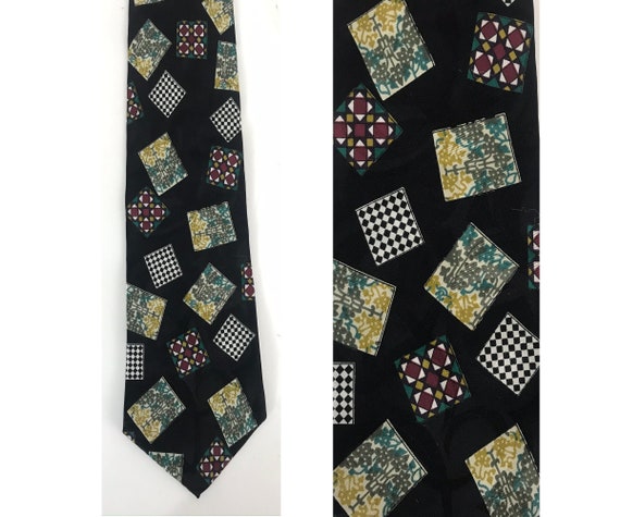 90s Black Green Red & Yellow Abstract Print Tie, … - image 1