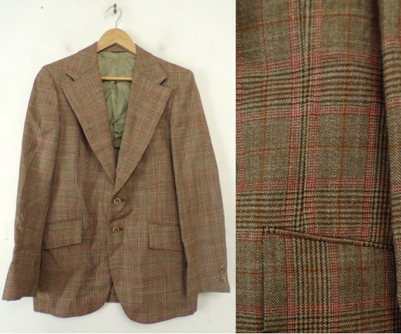 Vintage Mens Plaid Blazer,1980s Brown & Red Plaid… - image 1