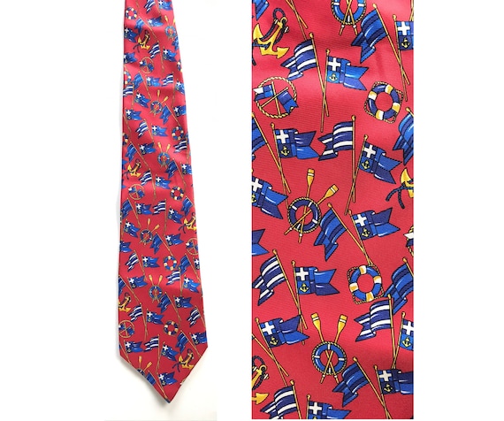 Vintage Red & Blue Nautical Themed Tie, Flags Oar… - image 1