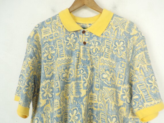 Vintage Mens Hawaiian Print Polo, 90s Yellow & Bl… - image 3