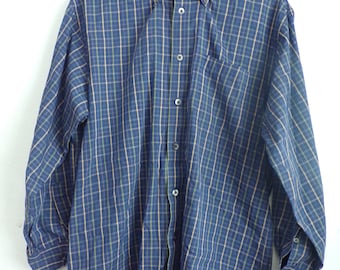 Vintage Blue Plaid Cotton Shirt Mens Medium - 80s Preppy Style Button Down