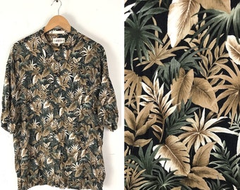 90s Brown & Green Leaf Print Hawaiian Shirt Mens XXL, Tropical Forest Hawaiian Shirt, Summer Beach Shirt, Mens Leaf Print Hawaiian Shirt