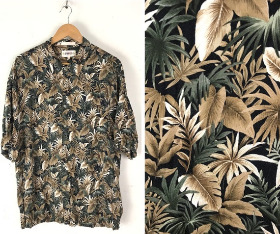 90s Brown & Green Leaf Print Hawaiian Shirt Mens … - image 1