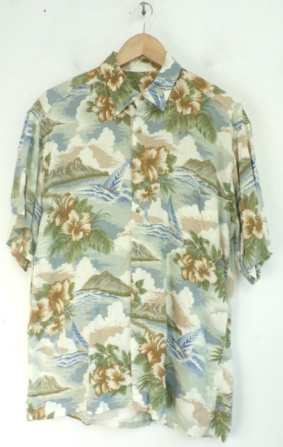 Vintage Mens Sailboat Hawaiian Shirt, 1990s Tan B… - image 2