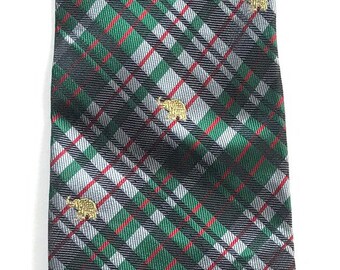 Vintage Silk Elephant Print Tie, Green Red Plaid Novelty Necktie