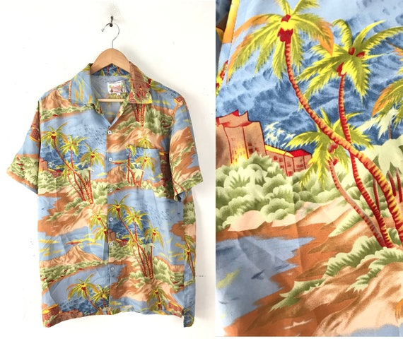 Vintage Mens Hawaiian Shirt, 80s Island Palm Tree Shi… - Gem