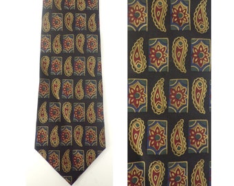 90s Claiborne Black Gold Red & Green Floral Mens Tie, Paisley Tie, Floral Tie, Claiborne Tie, Silk Tie, Classic Tie, Colorful Tie,Preppy Tie