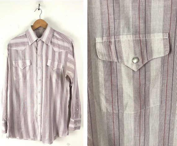 Vintage Purple & White Striped Western Shirt Mens… - image 1