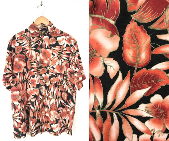 90s Black & Red Floral Hawaiian Shirt Mens Large/X