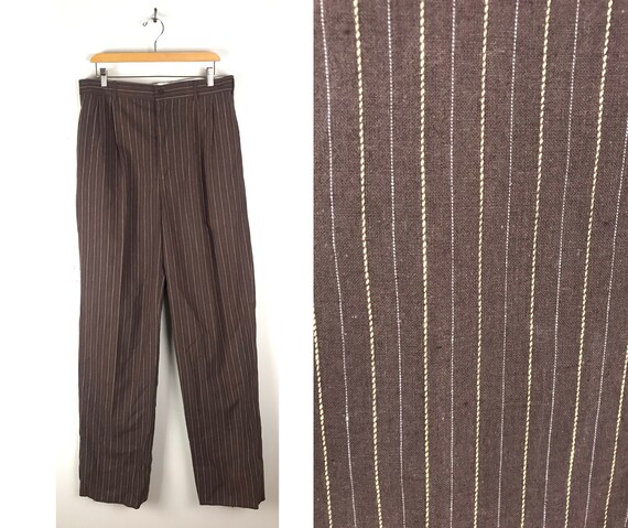 Vintage Dark Brown Pinstriped Dress Pants Mens Siz