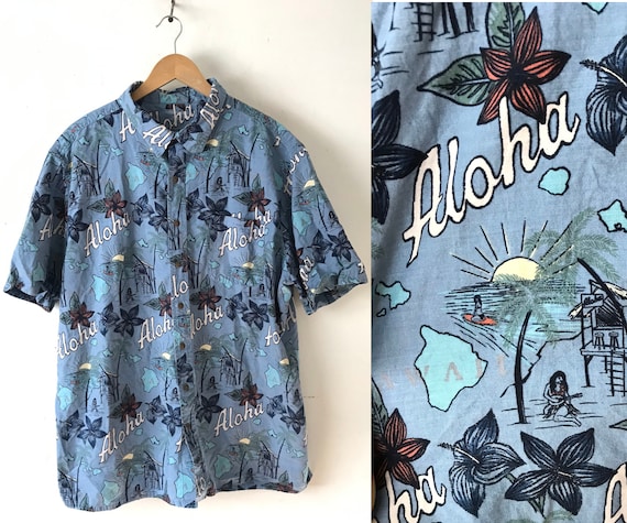 Vintage Mens Aloha Hawaiian Shirt, 90s Blue Beach… - image 1