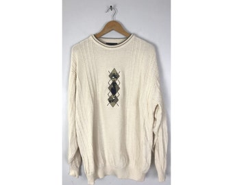 Maglione da golf vintage Argyle da uomo, taglia L/Alta, colore crema, girocollo, maglione da golf preppy Argyle da uomo, regalo per golfisti