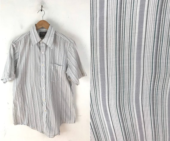 80s White Gray & Green Striped Short Sleeve Button
