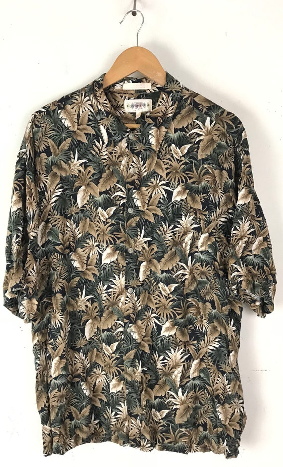 90s Brown & Green Leaf Print Hawaiian Shirt Mens … - image 2