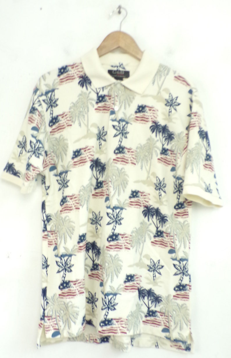 90s American Flag & Palm Tree Polo Shirt Mens Medium Red | Etsy