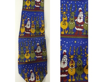 Vintage Christmas Tie, Santa Reindeer Mens Necktie, 90s Holidays Tie, Winter,