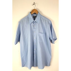Vintage Mens Button Shirt, 90s Light Blue Striped Short Sleeve Button Down XL 17-17.5, Classic Striped Button Down Shirt, Preppy Mens Shirt