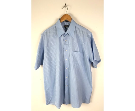 Vintage Mens Button Shirt, 90s Light Blue Striped… - image 1