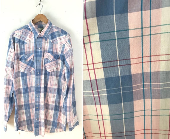 Vintage Blue & Light Pink Plaid Western Shirt Mens