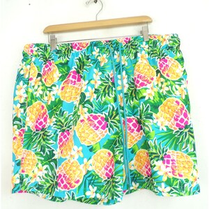 May include: Turquoise shorts with a vibrant pineapple print. The shorts feature yellow and pink pineapples, green leaves, and white flowers. They have a drawstring waist and are hanging on a wooden hanger.