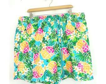 Vintage Herren Badehose, Ananas Print Badehose, 90er Jahre Bunte Neon Print Badehose XXL, Retro Badehose, Ananas Sommerhose